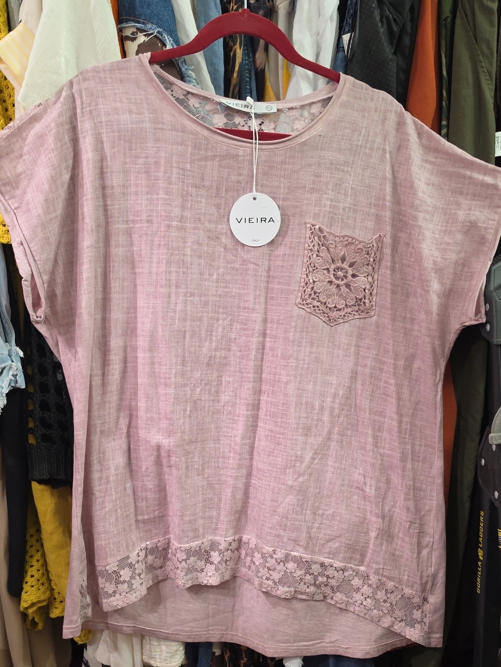 Women's Pink Short-Sleeve Linen/Cotton Blend Top with Lace Trim
